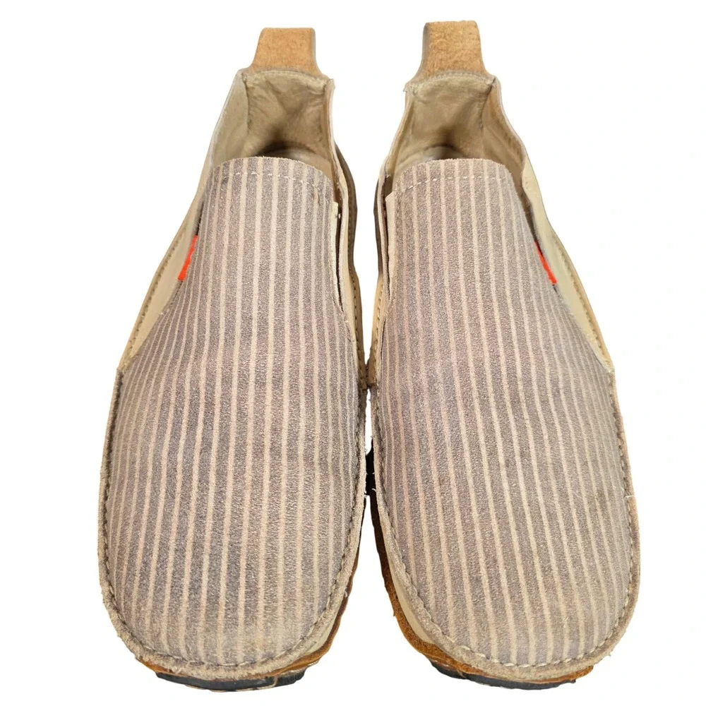J BRAND‎ Kew Mens 10 Striped Canvas Leather Slip On Loafers Beige